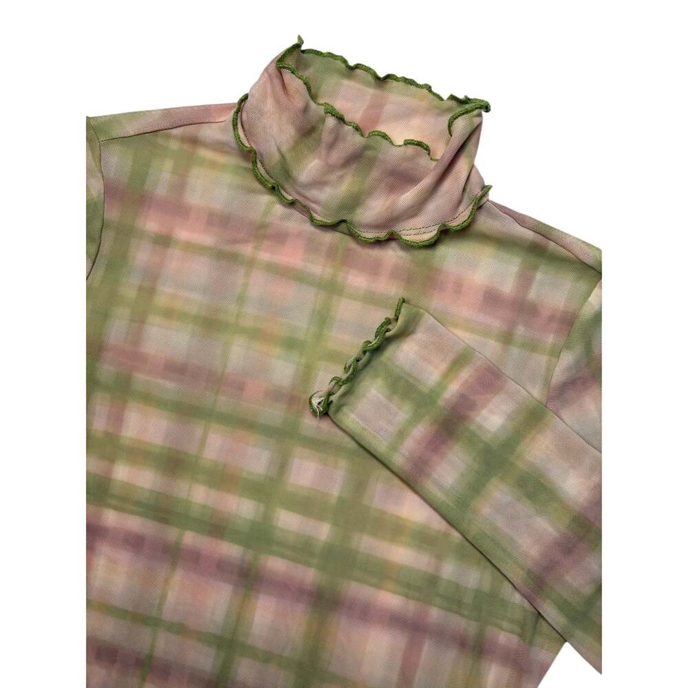 Anthropologie Pilcro Plaid Mesh Turtleneck Top Green Pink Size S Lettuce Hem